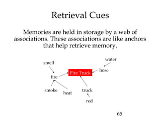 65
Retrieval Cues
Memories are held in storage by a web of
associations. These associations are like anchors
that help retrieve memory.
Fire Truck
truck
red
fire
heat
smoke
smell
water
hose
 