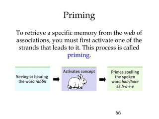 66
Priming
To retrieve a specific memory from the web of
associations, you must first activate one of the
strands that leads to it. This process is called
priming.
 