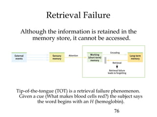 76
Retrieval Failure
Although the information is retained in the
memory store, it cannot be accessed.
Tip-of-the-tongue (TOT) is a retrieval failure phenomenon.
Given a cue (What makes blood cells red?) the subject says
the word begins with an H (hemoglobin).
 