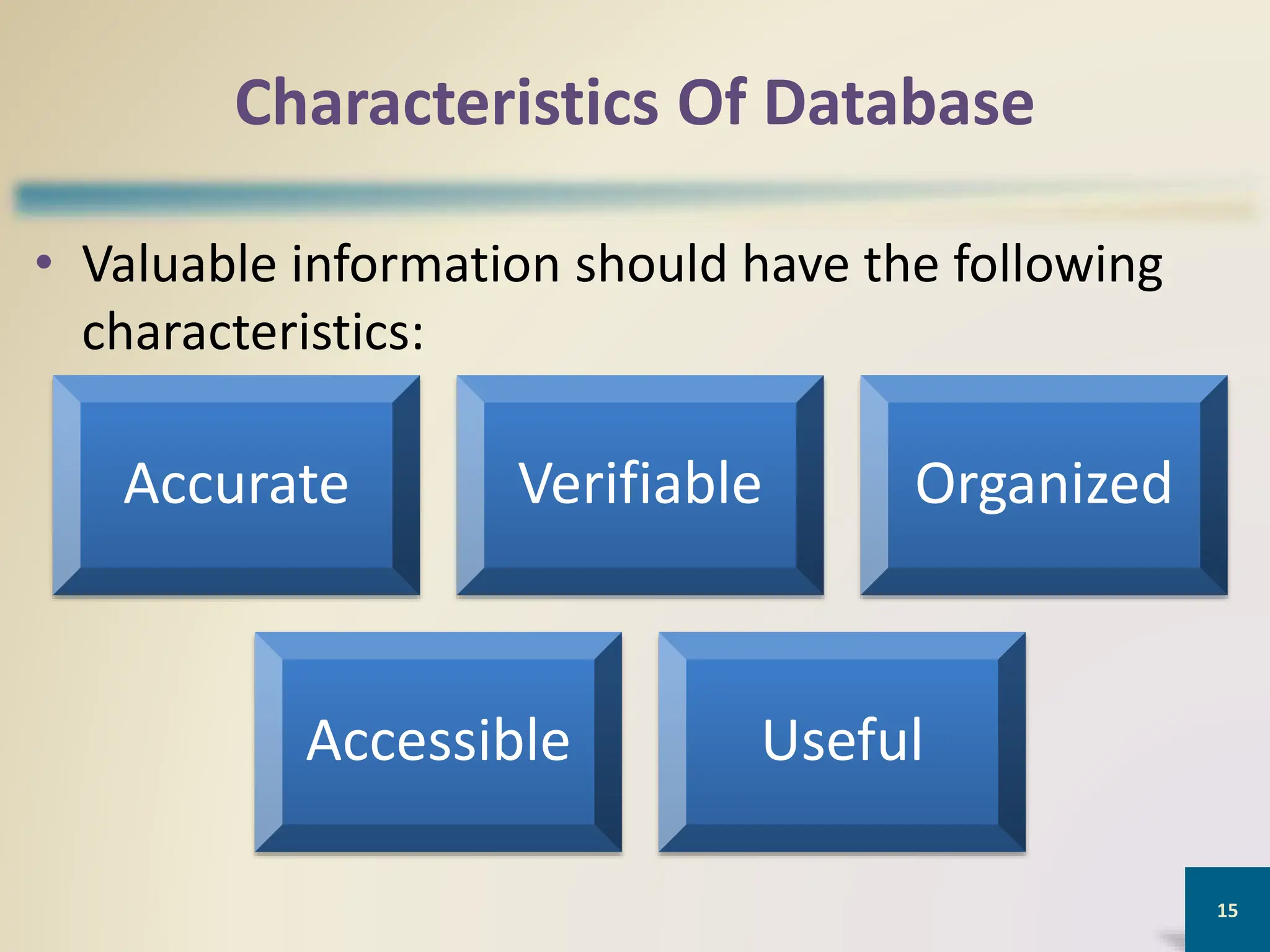 Characteristics Of Database
• Valuable information should have the following
characteristics:
15
Accurate Verifiable Organized
Accessible Useful
 