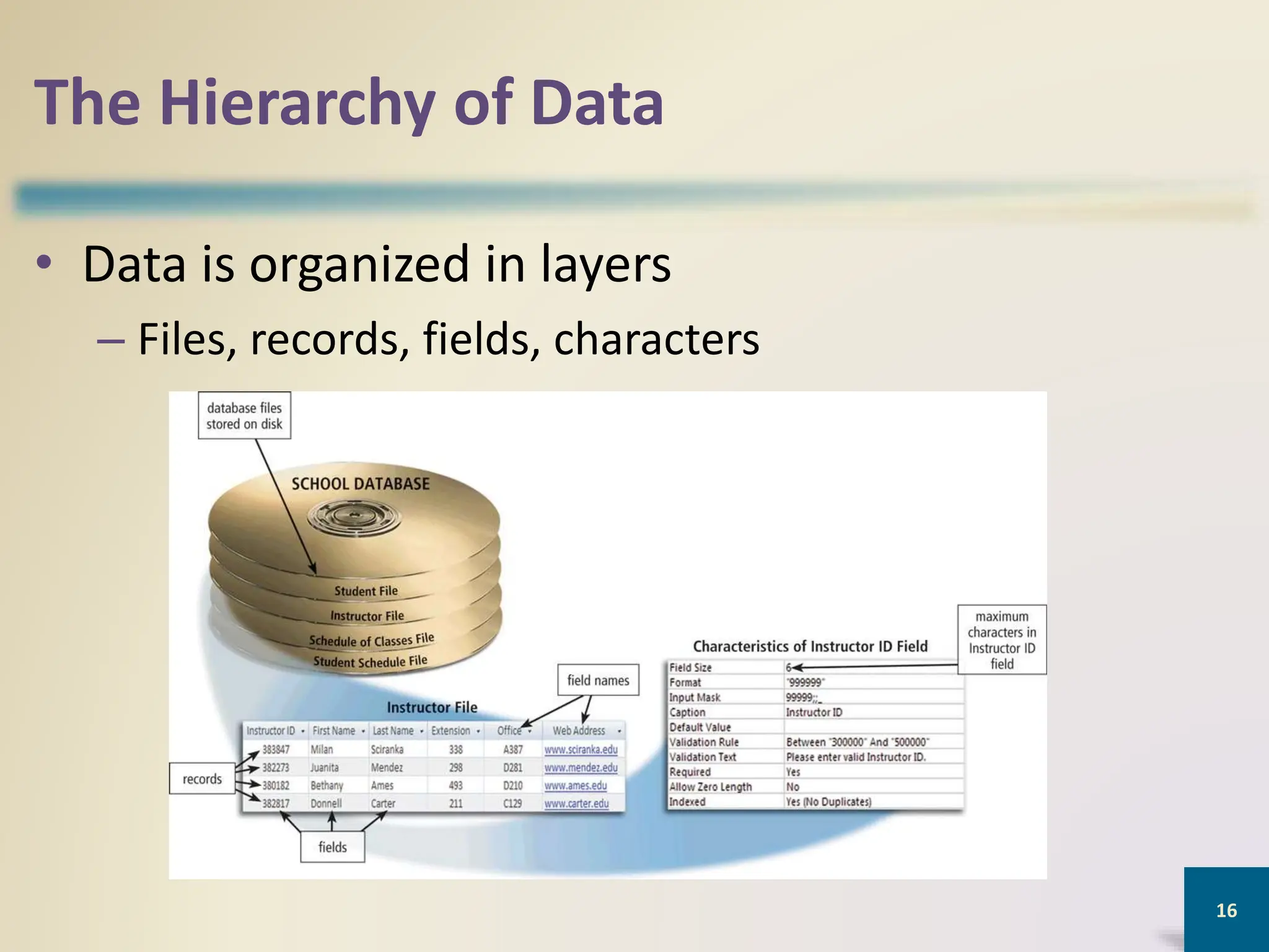 The Hierarchy of Data
• Data is organized in layers
– Files, records, fields, characters
16
 