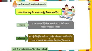 คณะศึกษาศาสตร์ มหาวิทยาลัยขอนแก่น 
การสร้างแรงจูงใจ และการปฐมนิเทศก่อนเรียน 
การนาเสนอให้ผู้เรียนทราบถึงสาระสาคัญของ 
การสอนการจัดกิจกรรม 
กระตุ้นให้ผู้เรียนสร้างความเกี่ยวข้องของบทเรียนกับ 
ประสบการณ์เดิมและเนื้อหาที่จะเรียนรู้ในอนาคต 
โดยการ 
เป้าหมาย 
บทที่ 9 การเลือกใช้สื่อและวิธีการจัดการเรียนรู้ 
 