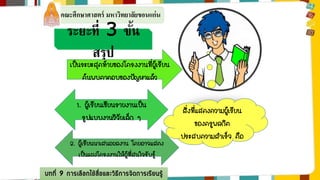 คณะศึกษาศาสตร์ มหาวิทยาลัยขอนแก่น 
ระยะที่3 ขนั้ 
สรุป 
เป็นระยะสุดท้ายของโครงงานที่ผู้เรียน 
ค้นพบคาตอบของปัญหาแล้ว 
บทที่ 9 การเลือกใช้สื่อและวิธีการจัดการเรียนรู้ 
สิ่งที่แสดงความผู้เรียน 
ของครูพลกิต 
ประสบความสาเร็จ คือ 
1. ผู้เรียนเขียนรายงานเป็น 
รูปแบบงานวิจัยเล็ก ๆ 
2. ผู้เรียนนาเสนอผลงาน โดยอาจแสดง 
เป็นแผงโครงงานให้ผู้ที่สนใจรับรู้ 
 