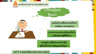 คณะศึกษาศาสตร์ มหาวิทยาลัยขอนแก่น 
การเรียนรู้แบบ 
สืบเสาะ 
บทที่ 9 การเลือกใช้สื่อและวิธีการจัดการเรียนรู้ 
มุ่งเน้นกิจกรรมที่หลากหลาเกี่ยวกับ 
การสังเกต การถามคาถาม 
การทดสอบตรวจสอบหลักฐานเพื่อเป็น 
การยืนยันความรู้ที่ได้ค้นพบ 
กระตุ้นผู้เรียนให้ตื่นเต้นสงสัยใคร่รู้ให้ 
ผู้เรียนตั้งใจรวบรวมข้อมูลและหลักฐาน 
 