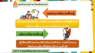 คณะศึกษาศาสตร์ มหาวิทยาลัยขอนแก่น 
ระหว่างการจัดการเรียนรู้ 
มีการเน้นสาระสาคัญ ความคิดรวบยอดที่ต้องการให้ผู้เรียนใส่ 
ใจด้วยการเขียนบนกระดานหรือเน้นลงในสื่อ 
หลังการจัดการเรียนรู้ 
ปฏิบัติตามที่กาหนดในบทเรียนด้วยการอภิปราย การทาโครงงาน 
หรือกิจกรรมอื่นๆที่ให้ผู้เรียนได้นาความรู้ไปใช้ 
บทที่ 9 การเลือกใช้สื่อและวิธีการจัดการเรียนรู้ 
 