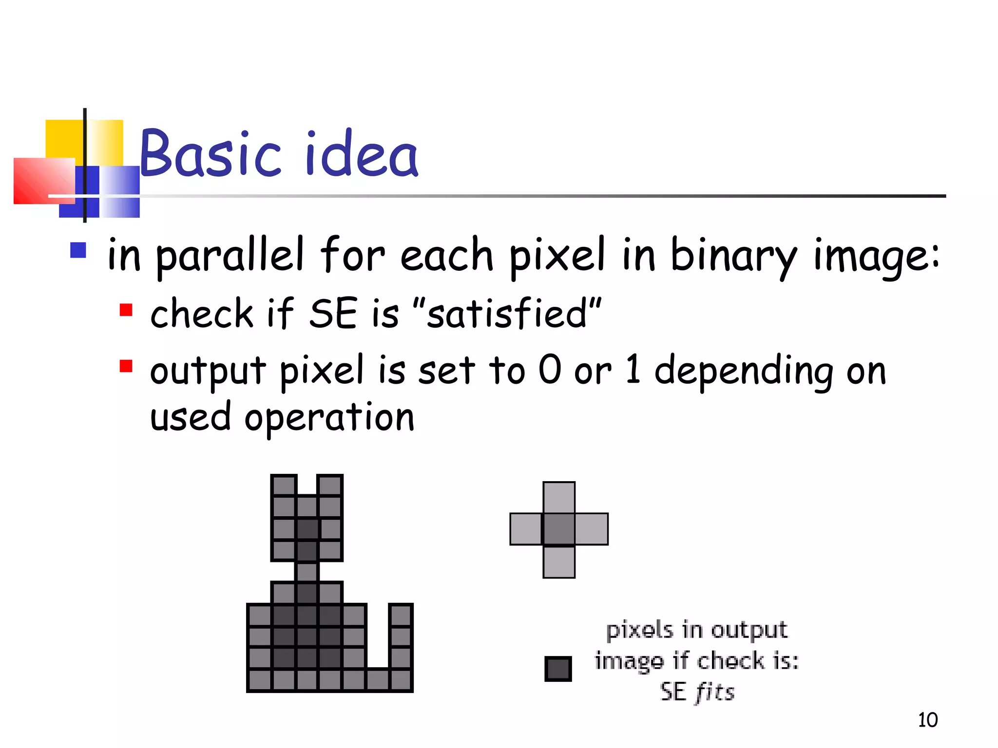 Basic idea
 in parallel for each pixel in binary image:
 check if SE is ”satisfied”
 output pixel is set to 0 or 1 depending on
used operation
10
 