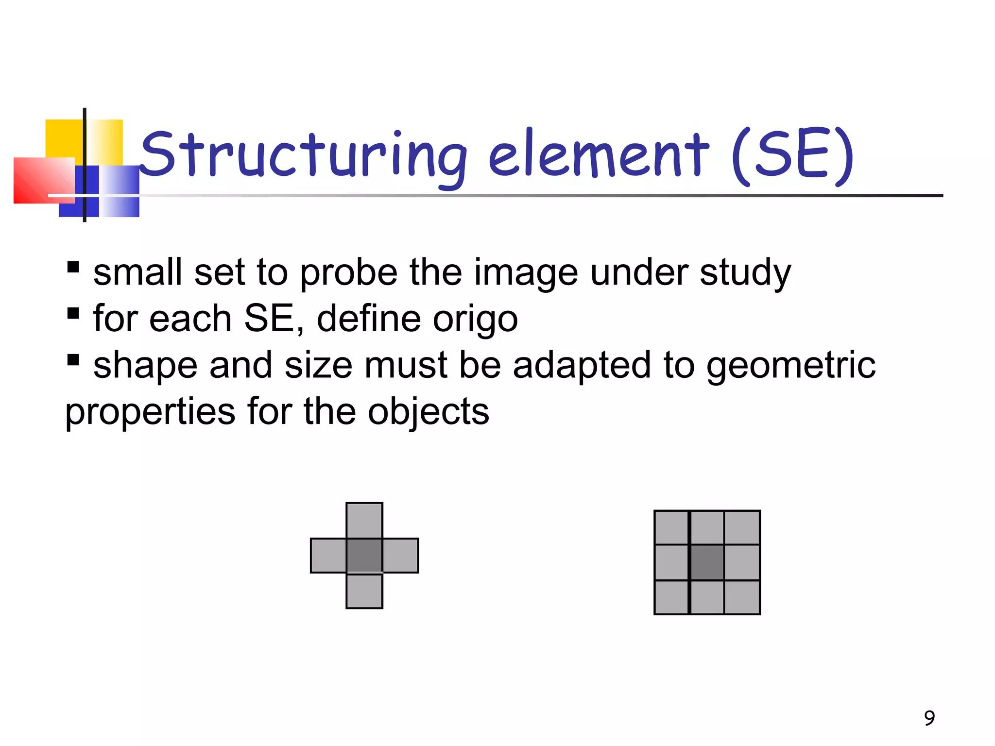 Structuring element (SE)
9
 small set to probe the image under study
 for each SE, define origo
 shape and size must be adapted to geometric
properties for the objects
 