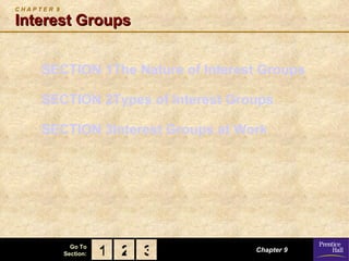 C H A P T E R  9 Interest Groups SECTION 1 	 The Nature of Interest Groups SECTION 2 	 Types of Interest Groups SECTION 3 	 Interest Groups at Work Chapter 9 2 3 1 