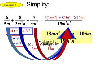 6
5m

8
3m2
n

7
mn2 
15m2
n2

18mn2
 40n  105m
15m2
n2
LCD = 15m2n2
m ≠ 0
n ≠ 0
6(3mn2) + 8(5n) - 7(15m)
Multiply by
3mn2
Multiply by
5n
Multiply by
15m
Example 1 Simplify:
 