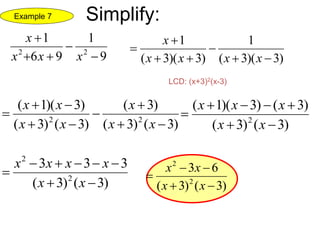 9
1
96
1
22




xxx
x
)3)(3(
1
)3)(3(
1





xxxx
x
)3()3(
)3(
)3()3(
)3)(1(
22






xx
x
xx
xx
LCD: (x+3)2(x-3)
)3()3(
)3()3)(1(
2



xx
xxx
)3()3(
333
2
2



xx
xxxx
)3()3(
63
2
2



xx
xx
Example 7 Simplify:
 