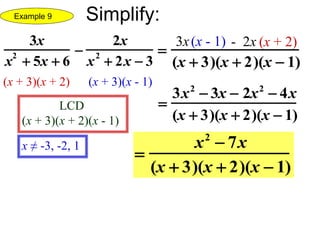 3x
x2
 5x  6

2x
x2
 2x  3
(x + 3)(x + 2) (x + 3)(x - 1)
LCD
(x + 3)(x + 2)(x - 1)

(x  3)(x  2)(x  1)
3x

3x2
 3x  2x2
 4x
(x  3)(x  2)(x  1)

x2
 7x
(x  3)(x  2)(x  1)
x ≠ -3, -2, 1
- 2x(x - 1) (x + 2)
Simplify:Example 9
 