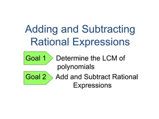 Adding and Subtracting
Rational Expressions
Goal 1 Determine the LCM of
polynomials
Goal 2 Add and Subtract Rational
Expressions
 