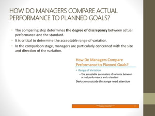 HOW DO MANAGERS COMPARE ACTUAL
PERFORMANCE TO PLANNED GOALS?
• The comparing step determines the degree of discrepancy between actual
performance and the standard.
• It is critical to determine the acceptable range of variation.
• In the comparison stage, managers are particularly concerned with the size
and direction of the variation.
 
