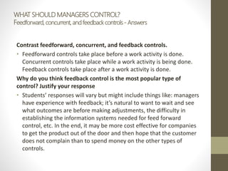 WHAT SHOULD MANAGERS CONTROL?
Feedforward, concurrent, and feedback controls - Answers
Contrast feedforward, concurrent, and feedback controls.
• Feedforward controls take place before a work activity is done.
Concurrent controls take place while a work activity is being done.
Feedback controls take place after a work activity is done.
Why do you think feedback control is the most popular type of
control? Justify your response
• Students’ responses will vary but might include things like: managers
have experience with feedback; it’s natural to want to wait and see
what outcomes are before making adjustments, the difficulty in
establishing the information systems needed for feed forward
control, etc. In the end, it may be more cost effective for companies
to get the product out of the door and then hope that the customer
does not complain than to spend money on the other types of
controls.
 