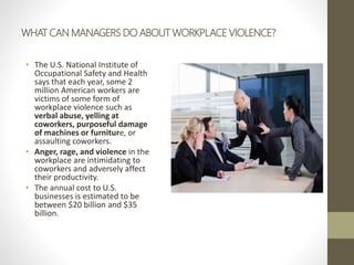 WHAT CAN MANAGERS DO ABOUT WORKPLACE VIOLENCE?
• The U.S. National Institute of
Occupational Safety and Health
says that each year, some 2
million American workers are
victims of some form of
workplace violence such as
verbal abuse, yelling at
coworkers, purposeful damage
of machines or furniture, or
assaulting coworkers.
• Anger, rage, and violence in the
workplace are intimidating to
coworkers and adversely affect
their productivity.
• The annual cost to U.S.
businesses is estimated to be
between $20 billion and $35
billion.
 