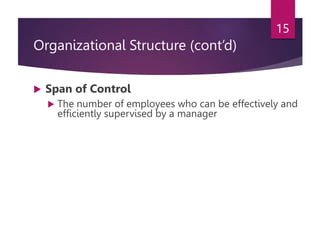 Organizational Structure (cont’d)
 Span of Control
 The number of employees who can be effectively and
efficiently super...