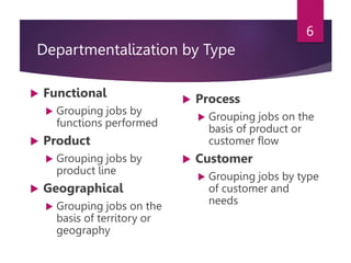 Departmentalization by Type
 Functional
 Grouping jobs by
functions performed
 Product
 Grouping jobs by
product line
...