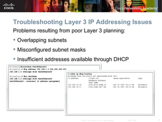 Troubleshooting Layer 3 IP Addressing Issues
Problems resulting from poor Layer 3 planning:
 Overlapping subnets
 Misconfigured subnet masks
 Insufficient addresses available through DHCP




                           © 2007 Cisco Systems, Inc. All rights reserved.   Cisco Public   17
 
