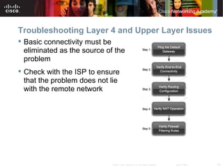 Troubleshooting Layer 4 and Upper Layer Issues
 Basic connectivity must be
  eliminated as the source of the
  problem
 Check with the ISP to ensure
  that the problem does not lie
  with the remote network




                            © 2007 Cisco Systems, Inc. All rights reserved.   Cisco Public   25
 