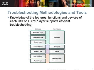 Troubleshooting Methodologies and Tools
 Knowledge of the features, functions and devices of
  each OSI or TCP/IP layer supports efficient
  troubleshooting




                            © 2007 Cisco Systems, Inc. All rights reserved.   Cisco Public   3
 