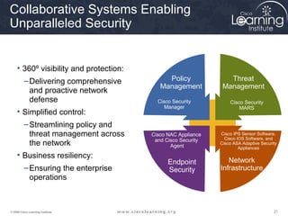 Collaborative Systems Enabling
Unparalleled Security


     • 360º visibility and protection:
          – Delivering comprehensive          Policy              Threat
                                            Management          Management
            and proactive network
            defense                        Cisco Security          Cisco Security
                                              Manager                  MARS
     • Simplified control:
          – Streamlining policy and
            threat management across     Cisco NAC Appliance   Cisco IPS Sensor Software,
                                                                 Cisco IOS Software, and
                                          and Cisco Security
            the network                         Agent
                                                               Cisco ASA Adaptive Security
                                                                        Appliances
     • Business resiliency:
                                               Endpoint           Network
          – Ensuring the enterprise            Security        Infrastructure
            operations



© 2009 Cisco Learning Institute.                                                        21
 
