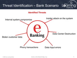 Threat Identification – Bank Scenario
                                           Identified Threats

                                                                Insider attack on the system
      Internal system compromise




                                                                      Data Center Destruction
Stolen customer data



                                   Phony transactions      Data Input errors



© 2009 Cisco Learning Institute.                                                               9
 