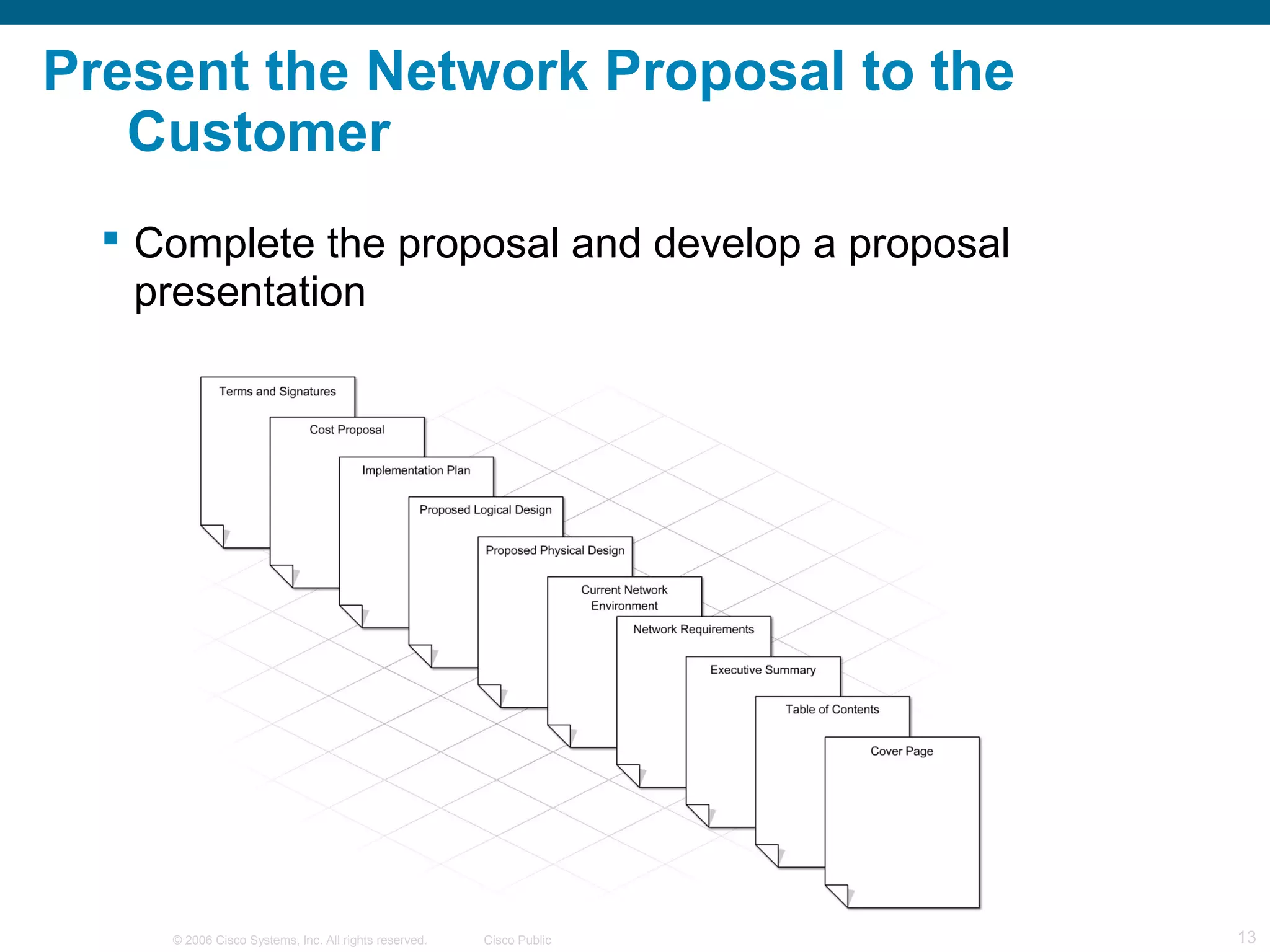 Present the Network Proposal to the
   Customer
   Complete the proposal and develop a proposal
    presentation




     © 2006 Cisco Systems, Inc. All rights reserved.   Cisco Public   13
 