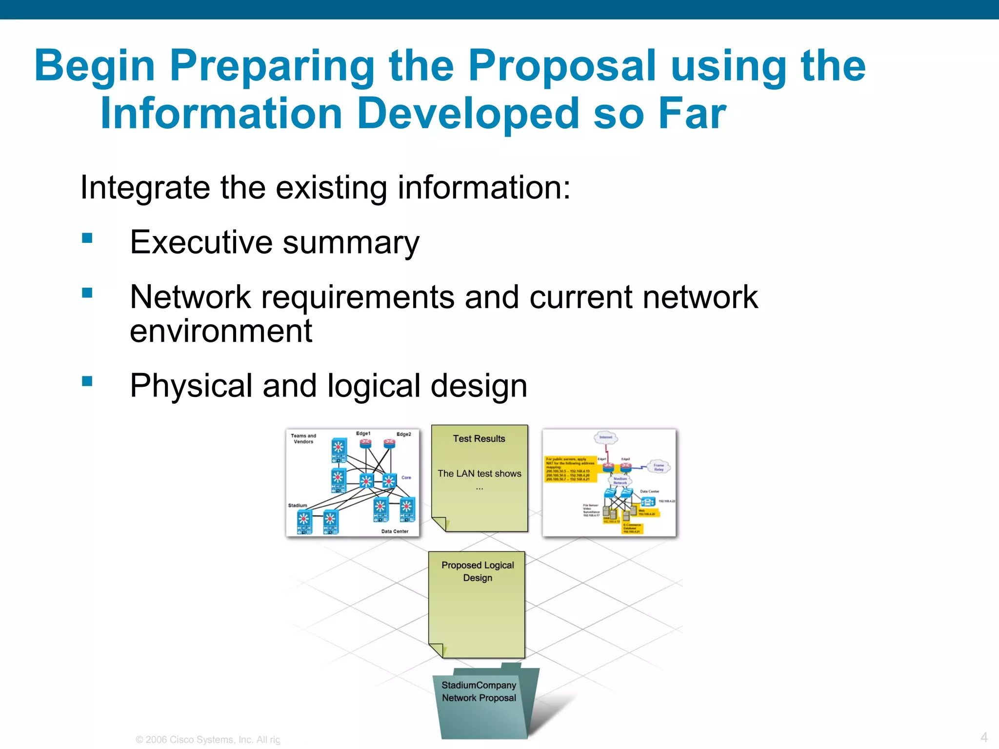 Begin Preparing the Proposal using the
  Information Developed so Far
  Integrate the existing information:
     Executive summary
     Network requirements and current network
      environment
     Physical and logical design




      © 2006 Cisco Systems, Inc. All rights reserved.   Cisco Public   4
 
