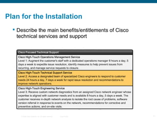 Plan for the Installation
   Describe the main benefits/entitlements of Cisco
    technical services and support




    ...