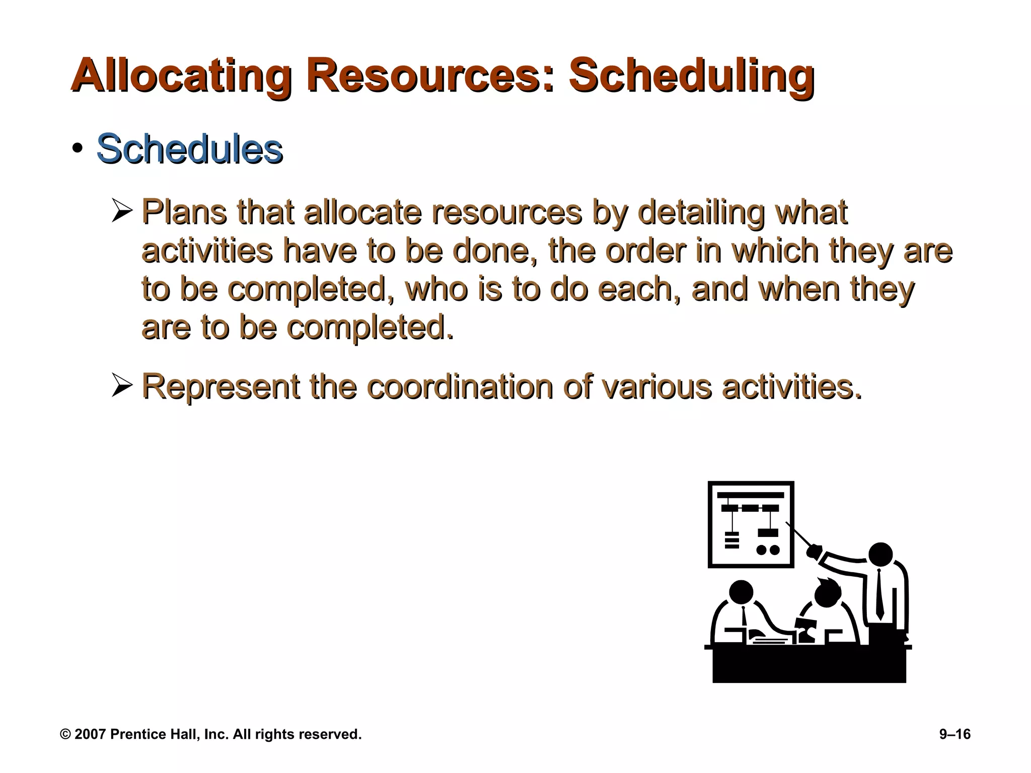 Allocating Resources: Scheduling Schedules Plans that allocate resources by detailing what activities have to be done, the order in which they are to be completed, who is to do each, and when they are to be completed. Represent the coordination of various activities. 