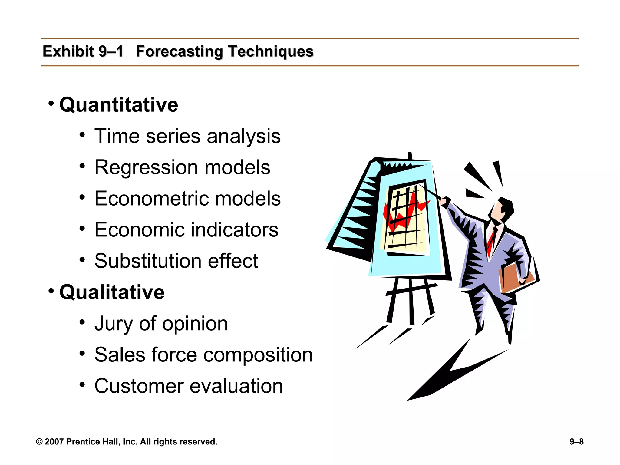 Exhibit 9–1 Forecasting Techniques Quantitative Time series analysis Regression models Econometric models Economic indicators Substitution effect  Qualitative Jury of opinion Sales force composition Customer evaluation 