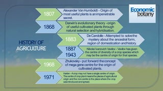 Economic
botany1807
1868
Alexander VonHumboldt - Origin of
most useful plants is animpenetrable
secret.
Darwin’s evolutionary theory -origin
of useful cultivated plants through
natural selection andhybridisation.
1883
1887
1943
DeCandolle - Attempted to solvethe
mystery about the ancestral form,
region of domestication andhistory.
Nikolai Ivanovich Vavilov - Vavilov hasgiven
the centre of diversity of acrop species which
may be the centre of origin for that species.
1968
1971
Zhukovsky- put forward theconcept
of megagenecentre for the origin of
cultivated plants.
Harlan- Acrop maynot haveasinglecentre of origin.
Thecentreofcropplantmeanstheplacesofagricultural
origin andthe non-centre isthe placewhere the crop
wasintroducedandspread.
HISTORY OF
AGRICULTURE
 
