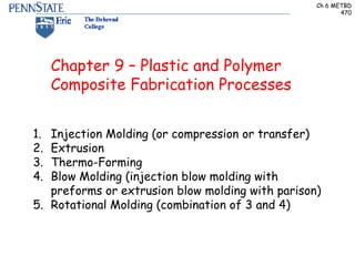 Ch 6 METBD
470
Chapter 9 – Plastic and Polymer
Composite Fabrication Processes
1. Injection Molding (or compression or transfer)
2. Extrusion
3. Thermo-Forming
4. Blow Molding (injection blow molding with
preforms or extrusion blow molding with parison)
5. Rotational Molding (combination of 3 and 4)
 