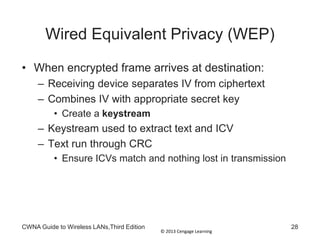 © 2013 Cengage Learning
CWNA Guide to Wireless LANs,Third Edition 28
Wired Equivalent Privacy (WEP)
• When encrypted frame arrives at destination:
– Receiving device separates IV from ciphertext
– Combines IV with appropriate secret key
• Create a keystream
– Keystream used to extract text and ICV
– Text run through CRC
• Ensure ICVs match and nothing lost in transmission
 