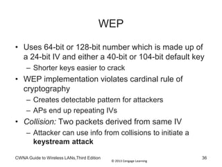© 2013 Cengage Learning
CWNA Guide to Wireless LANs,Third Edition 36
WEP
• Uses 64-bit or 128-bit number which is made up of
a 24-bit IV and either a 40-bit or 104-bit default key
– Shorter keys easier to crack
• WEP implementation violates cardinal rule of
cryptography
– Creates detectable pattern for attackers
– APs end up repeating IVs
• Collision: Two packets derived from same IV
– Attacker can use info from collisions to initiate a
keystream attack
 
