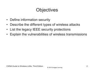 © 2013 Cengage Learning
CWNA Guide to Wireless LANs, Third Edition 2
Objectives
• Define information security
• Describe the different types of wireless attacks
• List the legacy IEEE security protections
• Explain the vulnerabilities of wireless transmissions
 