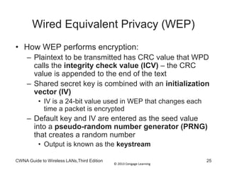 © 2013 Cengage Learning
CWNA Guide to Wireless LANs,Third Edition 25
Wired Equivalent Privacy (WEP)
• How WEP performs encryption:
– Plaintext to be transmitted has CRC value that WPD
calls the integrity check value (ICV) – the CRC
value is appended to the end of the text
– Shared secret key is combined with an initialization
vector (IV)
• IV is a 24-bit value used in WEP that changes each
time a packet is encrypted
– Default key and IV are entered as the seed value
into a pseudo-random number generator (PRNG)
that creates a random number
• Output is known as the keystream
 