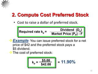 • Cost to raise a dollar of preferred stock.
12
11.90%
$5.00
$42.00
kp = =
The cost of preferred stock:
Example: You can issue preferred stock for a net
price of $42 and the preferred stock pays a
$5 dividend.
Dividend (Dp)
Market Price (PP) - F
Required rate kp =
2. Compute Cost Preferred Stock
 