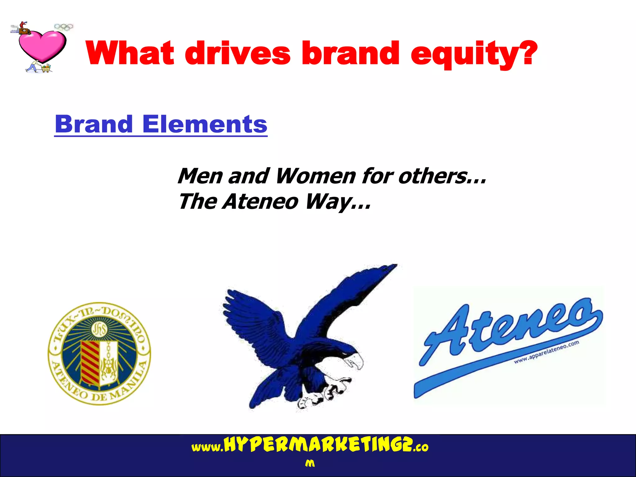 What drives brand equity?

Brand Elements

       Men and Women for others…
       The Ateneo Way…




           hypermarketing2.co
        www.
                  m
 