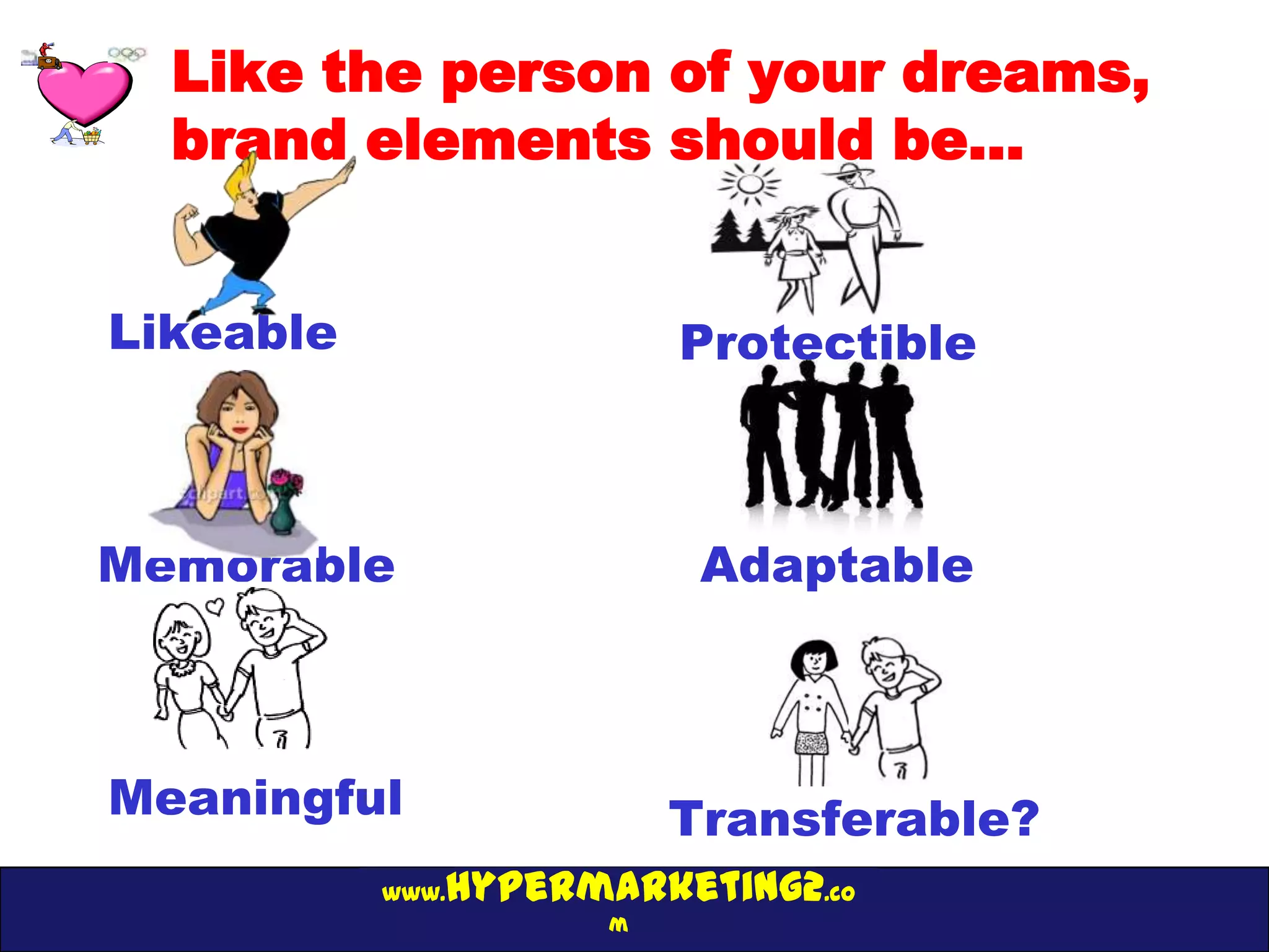 Like the person of your dreams,
  brand elements should be…


Likeable                 Protectible



Memorable                 Adaptable



Meaningful               Transferable?
              hypermarketing2.co
           www.
                     m
 