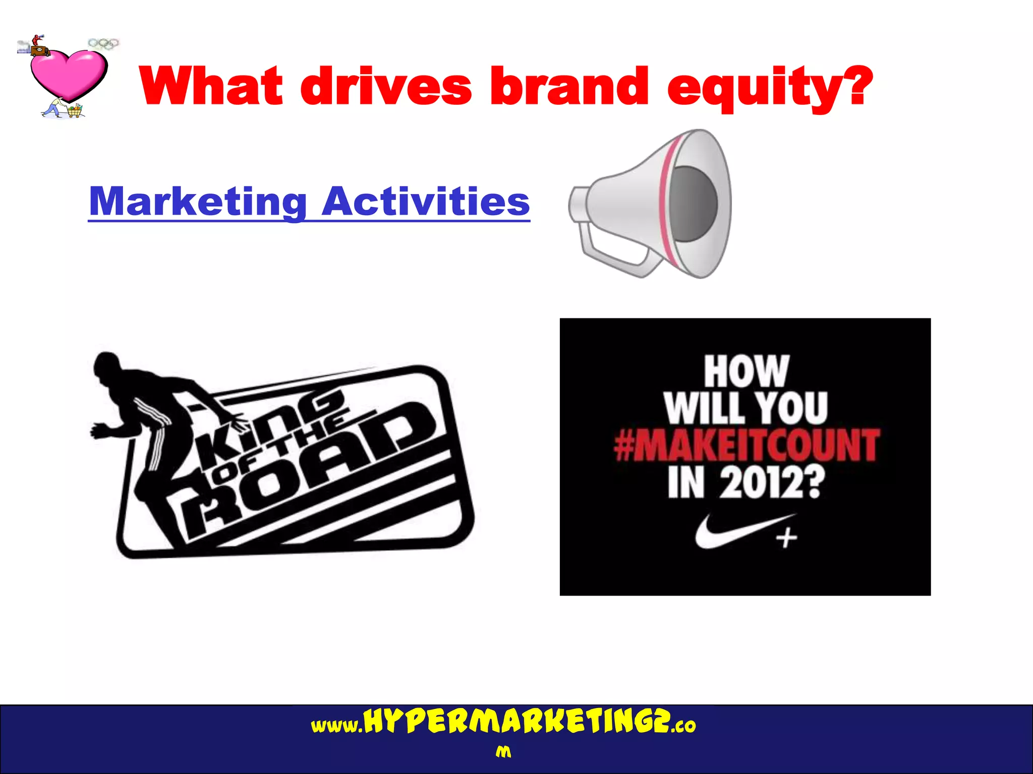 What drives brand equity?

Marketing Activities




             hypermarketing2.co
          www.
                    m
 