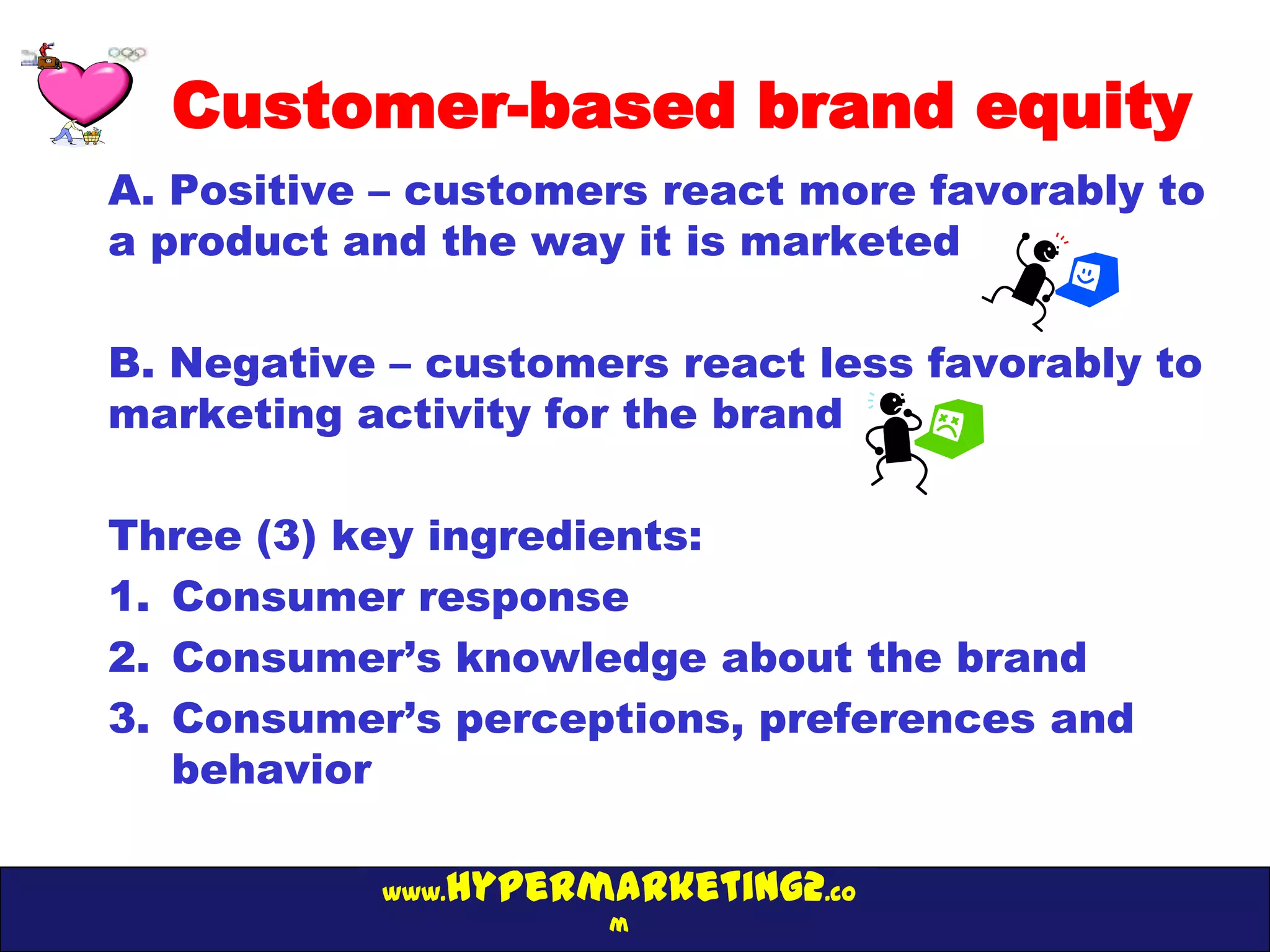 Customer-based brand equity
A. Positive – customers react more favorably to
a product and the way it is marketed

B. Negative – customers react less favorably to
marketing activity for the brand

Three (3) key ingredients:
1. Consumer response
2. Consumer’s knowledge about the brand
3. Consumer’s perceptions, preferences and
   behavior

              hypermarketing2.co
           www.
                     m
 