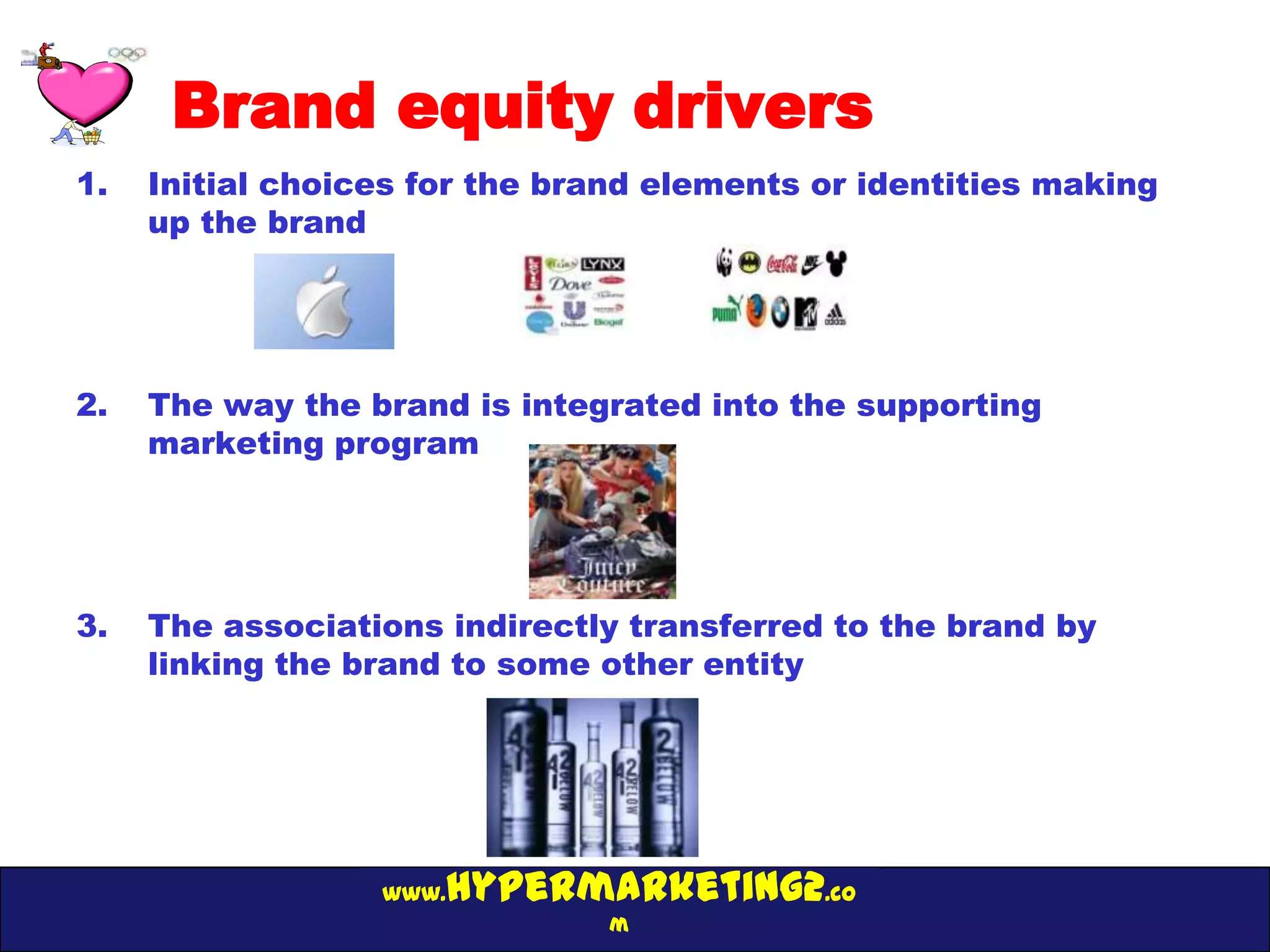 Brand equity drivers
1.   Initial choices for the brand elements or identities making
     up the brand




2.   The way the brand is integrated into the supporting
     marketing program




3.   The associations indirectly transferred to the brand by
     linking the brand to some other entity




                  www.hypermarketing2.co
                               m
 