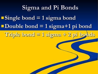 Sigma and Pi Bonds Single bond = 1 sigma bond Double bond = 1 sigma+1 pi bond Triple bond = 1 sigma + 2 pi  bonds 