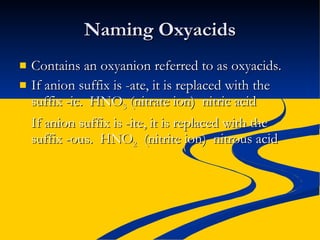 Naming Oxyacids Contains an oxyanion referred to as oxyacids. If anion suffix is -ate, it is replaced with the suffix -ic.  HNO 3  (nitrate ion)  nitric acid If anion suffix is -ite, it is replaced with the suffix -ous.  HNO 2   (nitrite ion)  nitrous acid 