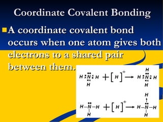 Coordinate Covalent Bonding A coordinate covalent bond occurs when one atom gives both electrons to a shared pair between them. 