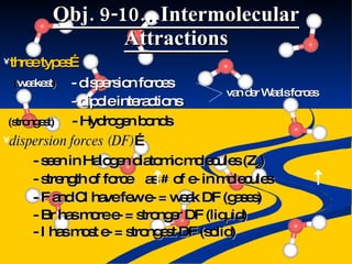 Obj. 9-10…Intermolecular Attractions three types… - dispersion forces - dipole interactions - Hydrogen bonds van der Waals forces ( weakest ) (strongest) dispersion forces (DF) … - seen in Halogen diatomic molecules (Z 2 ) - strength of force  as  #  of e- in molecules  - F and Cl have few e- = weak DF (gases)   - Br has more e- = stronger DF (liquid)   - I has most e- = strongest DF (solid)   