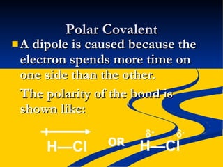 A dipole is caused because the electron spends more time on one side than the other. The polarity of the bond is shown like: Polar Covalent H—Cl  H—Cl    +    - OR 