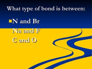 What type of bond is between: N and Br  Na and F C and O 