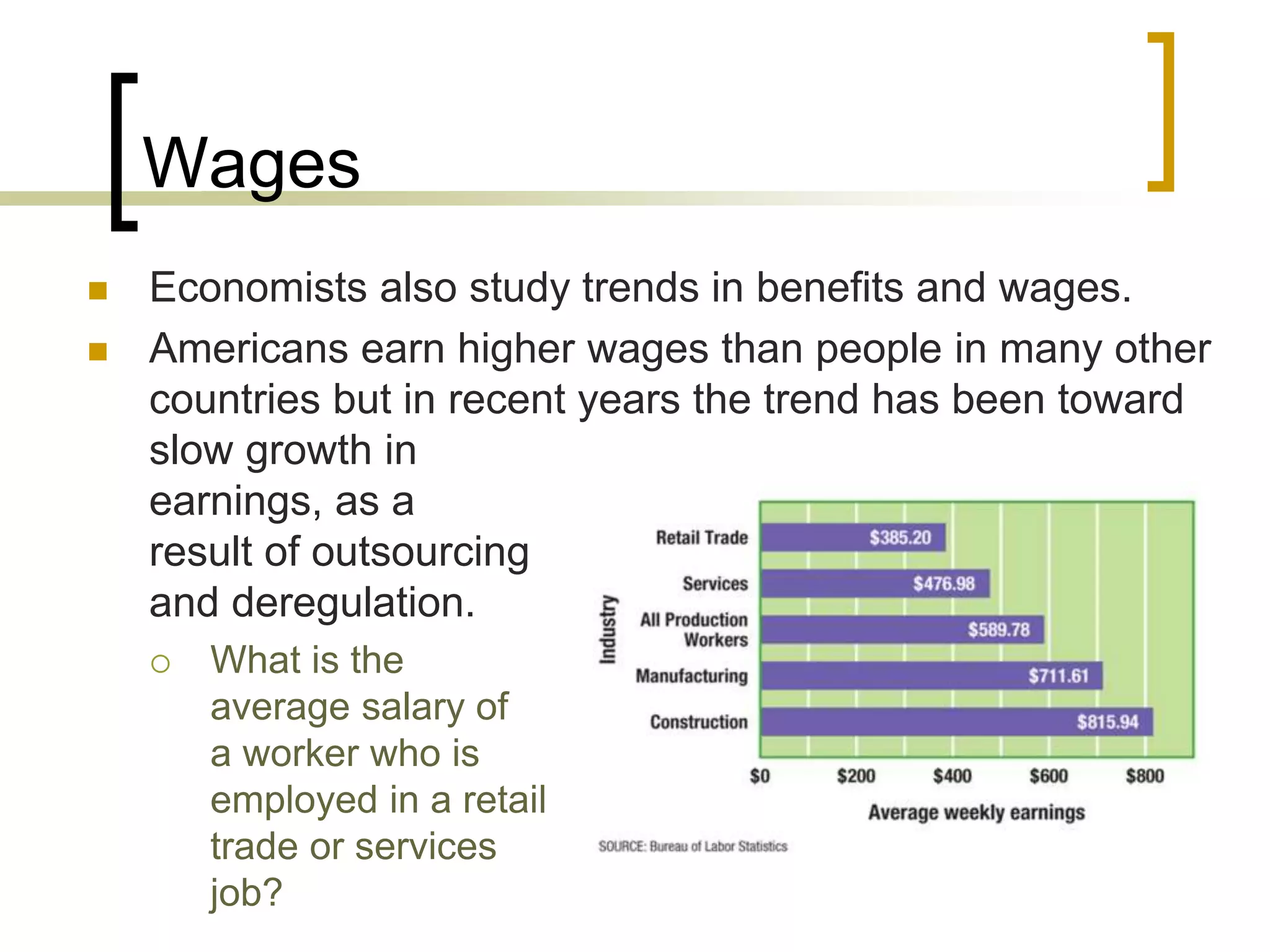 Wages
 Economists also study trends in benefits and wages.
 Americans earn higher wages than people in many other
countries but in recent years the trend has been toward
slow growth in
earnings, as a
result of outsourcing
and deregulation.
 What is the
average salary of
a worker who is
employed in a retail
trade or services
job?
 